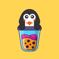 söt pingvin dricka boba mjölk te. djur tecknad koncept isolerad. kan användas för t-shirt, gratulationskort, inbjudningskort eller maskot. platt tecknad stil vektor
