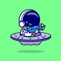 Astronaut halten Waffe im UFO Raumschiff Karikatur Vektor Symbol Illustration. Wissenschaft Technologie Symbol Konzept isoliert Prämie Vektor. eben Karikatur Stil