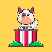 süße Kuh ist ein Tickethalter. Tierkarikaturkonzept isoliert. kann für T-Shirt, Grußkarte, Einladungskarte oder Maskottchen verwendet werden. flacher Cartoon-Stil vektor