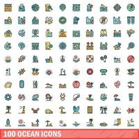 100 hav ikoner uppsättning, Färg linje stil vektor
