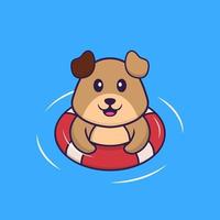 süßer Hund schwimmt mit einer Boje. Tierkarikaturkonzept isoliert. kann für T-Shirt, Grußkarte, Einladungskarte oder Maskottchen verwendet werden. flacher Cartoon-Stil vektor