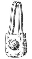 Gekritzel von Tasche Öko Tasche mit Herbst drucken. Gliederung Zeichnung von Griff Tasche Käufer. Hand gezeichnet Vektor Illustration. Single Clip Art isoliert auf Weiß Hintergrund.