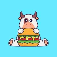 söt ko som äter hamburgare. djur tecknad koncept isolerad. kan användas för t-shirt, gratulationskort, inbjudningskort eller maskot. platt tecknad stil vektor