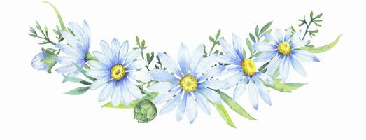 Strauß von Gänseblümchen, Vektor Aquarell Illustration. Kamille Blumen- Anordnung von Garten Gänseblümchen Blumen, Blütenblätter, Blätter und Knospen