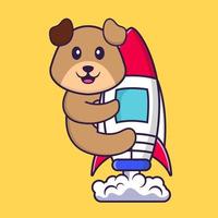 söt hund som flyger på raket. djur tecknad koncept isolerad. kan användas för t-shirt, gratulationskort, inbjudningskort eller maskot. platt tecknad stil vektor