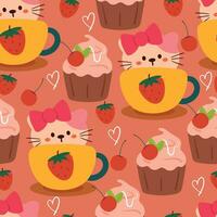 sömlös mönster söt tecknad serie katt inuti en kopp med jordgubb och körsbär. söt bakgrund för ungar, textil- vektor