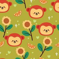 sömlös mönster söt tecknad serie apa, blomma och orange. söt tapet för textil, tyg skriva ut vektor
