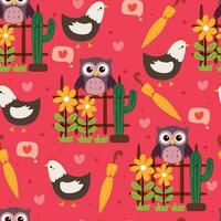 sömlös mönster tecknad serie Uggla, kyckling och växt. söt tapet för textil, tyg skriva ut, gåva slå in papper vektor