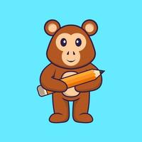 süßer Affe, der einen Bleistift hält. Tierkarikaturkonzept isoliert. kann für T-Shirt, Grußkarte, Einladungskarte oder Maskottchen verwendet werden. flacher Cartoon-Stil vektor