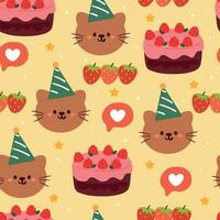 nahtlos Muster Karikatur Katze und Geburtstag Kuchen mit Erdbeere. süß Tier Zeichnung zum Stoff drucken, Geschenk wickeln Papier vektor