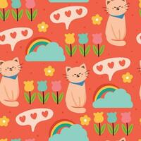 nahtlos Muster Karikatur Katze und Blumen. süß Tier Hintergrund zum Textil, Geschenk wickeln Papier vektor