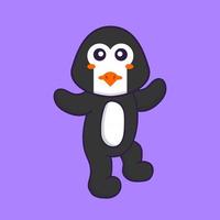 süßer Pinguin tanzt. Tierkarikaturkonzept isoliert. kann für T-Shirt, Grußkarte, Einladungskarte oder Maskottchen verwendet werden. flacher Cartoon-Stil vektor