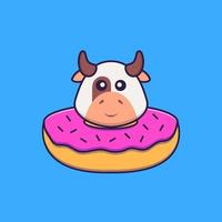 süße Kuh mit einem Donut am Hals. Tierkarikaturkonzept isoliert. kann für T-Shirt, Grußkarte, Einladungskarte oder Maskottchen verwendet werden. flacher Cartoon-Stil vektor