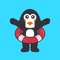 süßer Pinguin mit einem Schwimmer. Tierkarikaturkonzept isoliert. kann für T-Shirt, Grußkarte, Einladungskarte oder Maskottchen verwendet werden. flacher Cartoon-Stil vektor