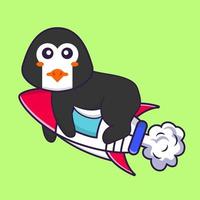 süßer Pinguin, der auf Rakete fliegt. Tierkarikaturkonzept isoliert. kann für T-Shirt, Grußkarte, Einladungskarte oder Maskottchen verwendet werden. flacher Cartoon-Stil vektor