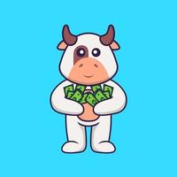süße Kuh, die Geld hält. Tierkarikaturkonzept isoliert. kann für T-Shirt, Grußkarte, Einladungskarte oder Maskottchen verwendet werden. flacher Cartoon-Stil vektor