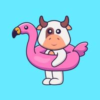 süße Kuh mit Flamingo-Boje. Tierkarikaturkonzept isoliert. kann für T-Shirt, Grußkarte, Einladungskarte oder Maskottchen verwendet werden. flacher Cartoon-Stil vektor
