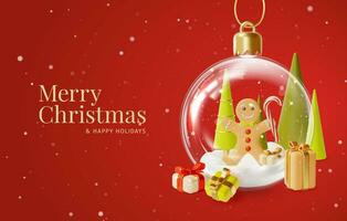 3d glad jul och Lycklig högtider plakat affisch baner kort mall med glas boll tecknad serie stil. vektor