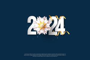 enkel och rena design Lycklig ny år 2024. vit tal med vit blomma för bakgrund för banderoller, posters eller kalender. vektor