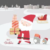 Frohe Weihnachten mit dem Weihnachtsmann, der Geschenkboxen hält und Pinguine, die im Schnee spazieren gehen. vektor