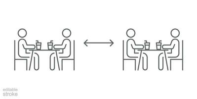 zwei Gruppe Menschen Trinken Kaffee im Cafe, sicher Tabelle Symbol. Neu normal speisen im Konzept. behalten Sozial Entfernung wie Verhütung Verbreitung von Corona Virus oder COVID-19. editierbar Schlaganfall Vektor Illustration eps 10