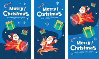 Frohe Weihnachten mit Santa-Flugzeug-Banner und Weihnachtsmann, der ein Rentier reitet. vektor