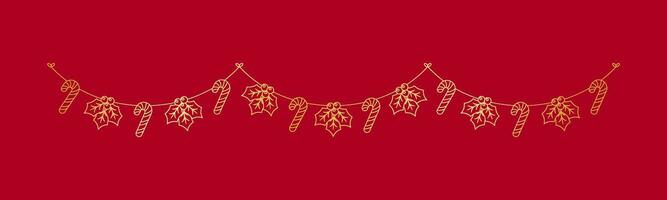 guld jul mistel och godis sockerrör krans översikt klotter vektor illustration, jul festlig vinter- Semester säsong flaggväv