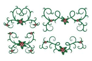 jul krusidullar virvlar avdelare rader dekorativ element, årgång kalligrafi skrolla glad jul blå och röd järnek ornament, vinter- järnek headers text gräns sida dekor grön utsmyckad vektor