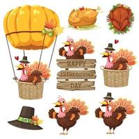 Happy Thanksgiving Day-Symbol mit Truthahn, Etikett, Korb, Kürbis und Hut. vektor