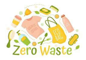 Null Abfall Vektor Illustration von Öko freundlich mit recycelbar und wiederverwendbar Produkte zum speichern das Planet und gehen Grün im eben Karikatur Hintergrund
