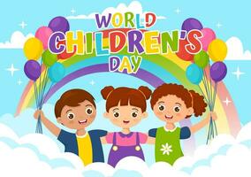 värld barns dag vektor illustration på 20 november med barn och regnbåge i barn firande tecknad serie ljus himmel blå bakgrund design