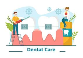 dental vård vektor illustration med tandläkare behandla mänsklig tänder och rengöring använder sig av medicinsk Utrustning i sjukvård platt tecknad serie bakgrund design