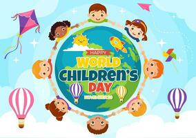 Welt Kinder- Tag Vektor Illustration auf 20 November mit Kinder und Regenbogen im Kinder Feier Karikatur hell Himmel Blau Hintergrund Design