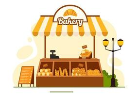 Bäckerei Geschäft Vektor Illustration mit verschiedene Typen von Brot Produkte zum Verkauf und Geschäft Innere im eben Karikatur Hintergrund Design Vorlage
