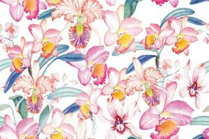 nahtlos Muster von Rosa Orchideen gezeichnet mit Aquarell.Orchidee Hintergrund.Komposition von tropisch Vegetation zum natürlich Stil Tapeten. vektor