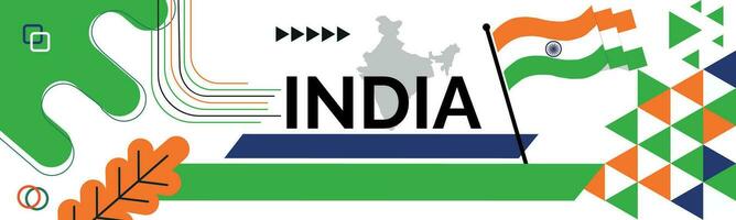 Indien National Tag Banner mit Karte, Flagge Farben Thema Hintergrund und geometrisch abstrakt retro modern bunt Design mit angehoben Hände oder Fäuste. vektor