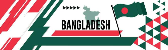 Bangladesch National Tag Banner mit Karte, Flagge Farben Thema Hintergrund und geometrisch abstrakt retro modern bunt Design mit angehoben Hände oder Fäuste. vektor