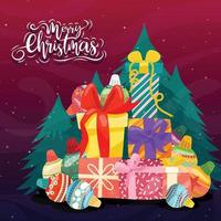 Frohe Weihnachten mit bunten Geschenkboxen und Kiefernhintergrund vektor