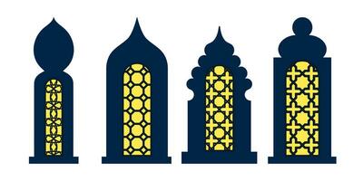 samling av arab orientalisk fönster, valv och dörrar. laser skära grill. modern design i svart fo ramar moské kupol och lyktor islamic ramadan kareem och eid mubarak stil. vektor illustration