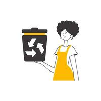 ein Frau ist halten ein Müll dürfen. das Konzept von Recycling Plastik und Abfall. linear Stil. isoliert auf Weiß Hintergrund. Vektor Illustration.