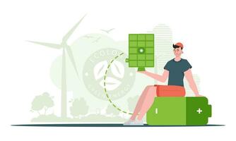 Grün Energie Konzept. ein Mann sitzt auf ein Batterie und hält ein Solar- Panel im seine Hände. Vektor. modisch Stil. vektor