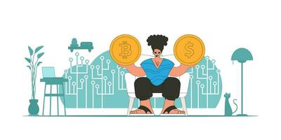 en man är innehav en dollar och bitcoin mynt. de begrepp av samspel med digital monetär tillgångar. vektor
