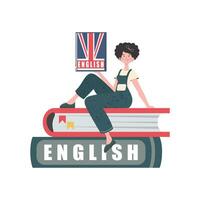 ein Frau sitzt auf Bücher und hält ein Englisch Wörterbuch im ihr Hände. das Konzept von Lernen Englisch. isoliert. modisch eben Stil. Vektor Illustration.