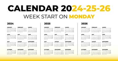 vektor kalender för 2024, 2025, 2026 på en vit bakgrund. vecka Start på måndag