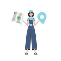 Mädchen Wasser Lieferung Operator halten ein Karte. stilvoll Charakter ist abgebildet im voll Wachstum. isoliert. Vektor Illustration.