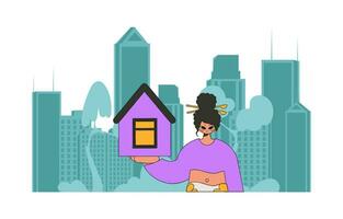 begrepp försäljning och ägande en hus. ett attraktiv fastighetsmäklare flicka är försäljning en hus. vektor