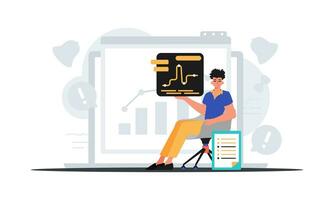 das Mann sitzt im ein Stuhl und hält ein Diagramm mit Statistiken . Digital Marktplatz Konzept. modisch Stil, Vektor Illustration