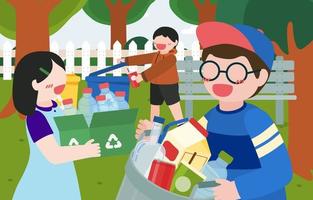 Kinder helfen beim Sammeln von Plastikflaschen in Recyclingbehältern Vektor