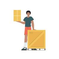 en man står och innehar en paket. leverans begrepp. isolerat på vit bakgrund. trendig stil. vektor illustration.