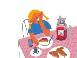 flicka och katt. bild bok illustration av liten flicka äter croissanter med de katt. parisian frukost. vektor